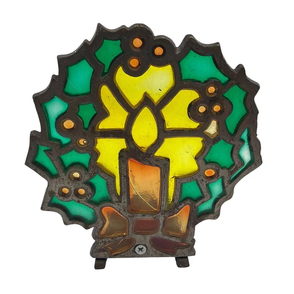 Unbranded Candle Holder Unisex OS Multicolor‎  Stained Glass Holly Wreath AS/IS